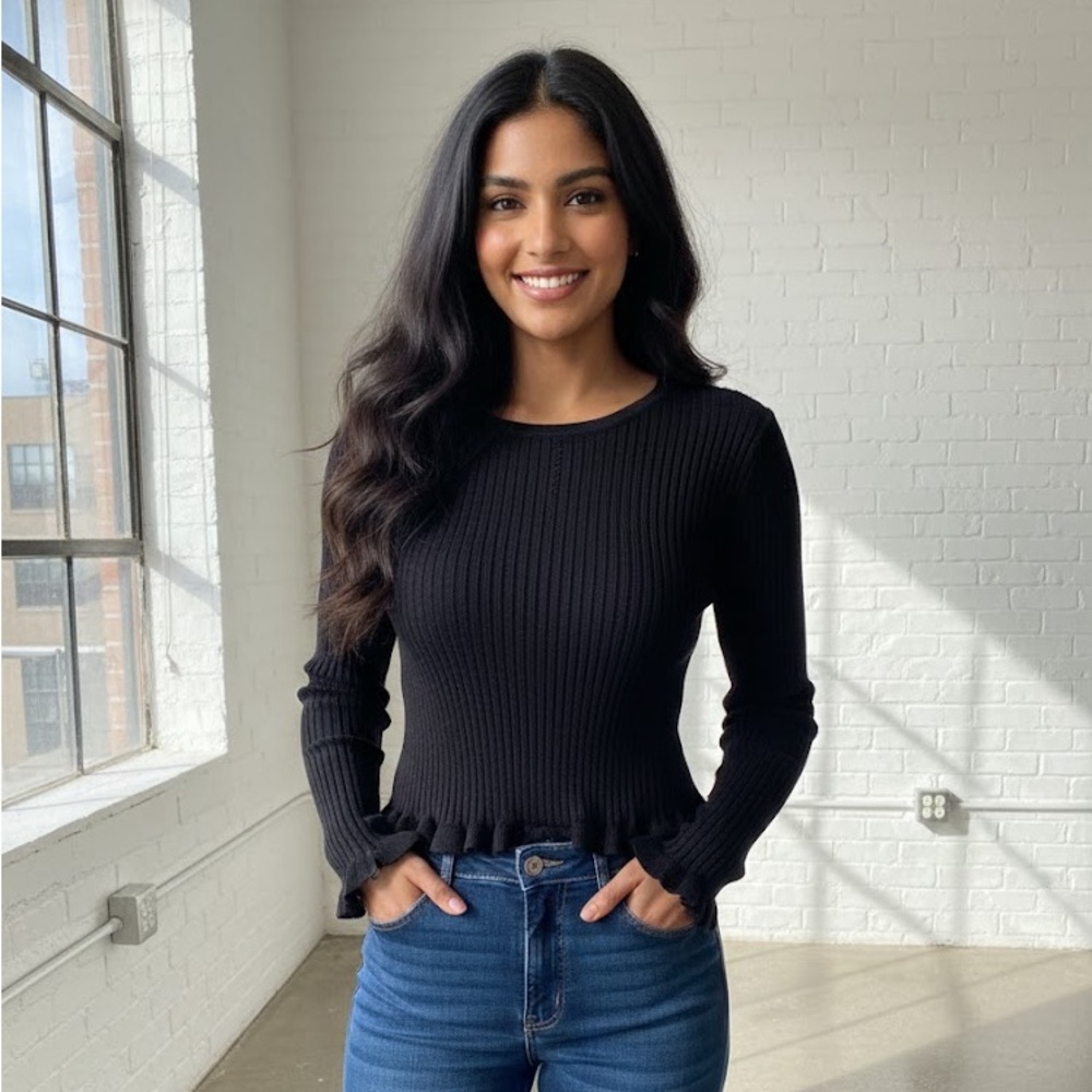 Hem & Thread Elegant Black Ribbed Long Sleeve Top